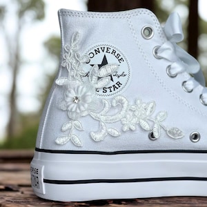 Luxury White Wedding Converse Lace High Top, Custom Converse Shoes For Bride, Personalized Bridal High top Tennis Shoes with White Lace LL