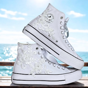 Personalized Lace Platform Converse, Custom Floral Bridal Sneakers, Elegant White Shoes for Wedding, Engagement or Girls’ Special Day LL