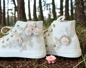 Blush Pink Floral Wedding Converse, Lace Bridal Sneakers