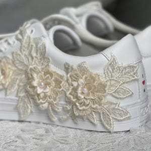 White Bridal Sneakers with Lace & Pearl Embellishment | Handmade Wedding Leather Sneakers | Luxury Bride Shoes  LL