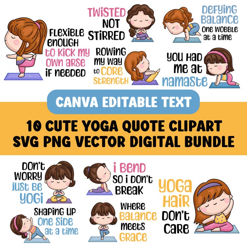 Cute Yoga Clipart Funny Quote Digital Design Bundle Commercial POD SVG