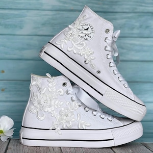 White Lace Platform Converse with Rhinestones, Custom Bridal Sneakers, Wedding High Tops for Bride, Elegant Handmade Gift Shoes LL