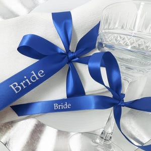 Personalised Satin ribbon bows with names | Wedding place settings for glasses, bridal party hanger ribbons