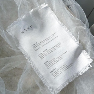 Menus en tissu de mariage, menus en tissu, mariage rustique, menus imprimés sur du coton, menus imprimés sur tissu, cartes de menu de mariage moderne