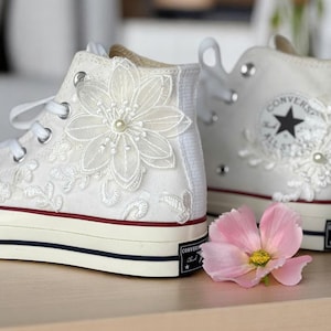 Bridal Converse Wedding Sneakers, Lace Floral Bride Shoes, Elegant White Pearl Embroidery, Unique Custom Bridal Gift, wedding sneakers LL