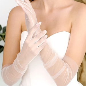 Light Ivory Tulle Gloves, Long Bridal Gloves, Sheer Gloves, Bride Gloves for Wedding Day