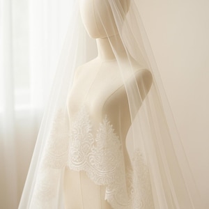 Cathedral Sequins Rose Lace Veil, Drop Wedding Veil, 2 Tiers Blusher Veil, Full Lace Edge Wedding Veil, Embroidery Veil, Face-Covered Veil