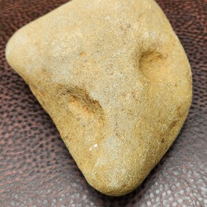 May include: A light brown, smooth, rounded stone with two indentations that resemble eyes.