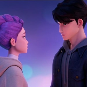 May include: An animated image of two people facing each other. The person on the left has purple hair and is wearing a light-colored hoodie. The person on the right has black hair and is wearing a dark jacket over a gray hoodie. The background is a gradient of purple and blue.