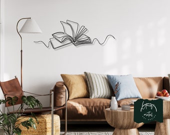 Arte de pared de metal con forma de libro, arte lineal minimalista, decoración de pared de metal, arte de pared de metal, tapices, arte de pared geométrico, decoración de metal, arte de pared de biblioteca