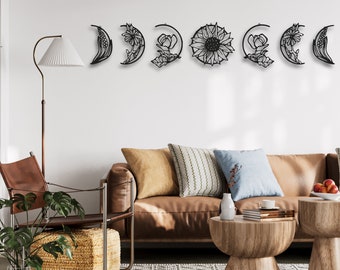 Floral Moon Phase Metal Wall Art, Bedroom Decoration for Wall, Metal Art Decor, Moon Wall Art, Moon Decor, Housewarming Gift,Gift For Her