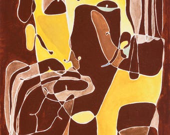 May include: Abstract painting of a face with brown, yellow, and white lines on a dark brown background.
