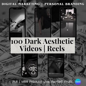 May include: A collection of 100 dark aesthetic videos and reels for use in digital marketing and personal branding. The image shows three phone screens with different dark aesthetic video clips. The text "100 Dark Aesthetic Videos | Reels" is displayed in a white box over the phone screens. The background is a pile of US dollar bills.