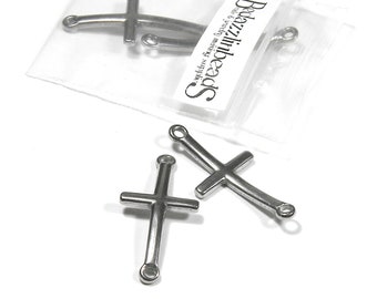 2 Surgical 304 Grade Stainless Steel Curved Cross Silver Link Charms with 2 Holes