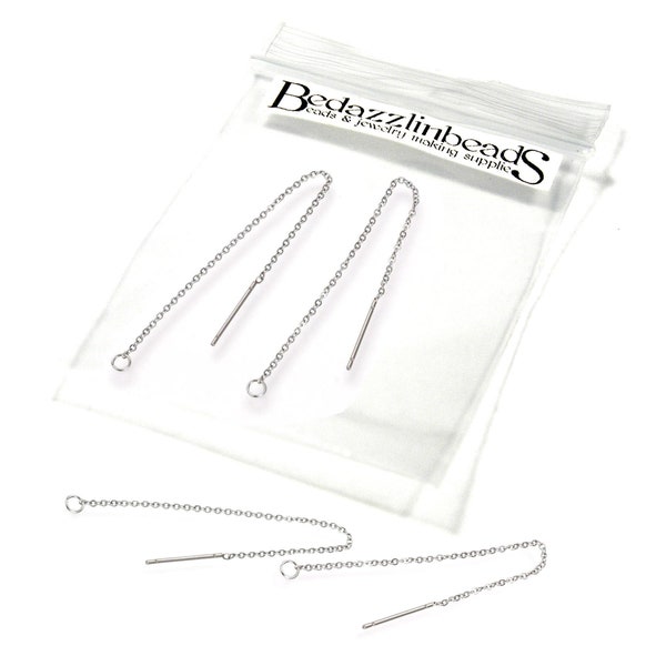 2 Pair Stainless Surgical Steel 4 inch Chain Ear thread Earring Findings with Loop