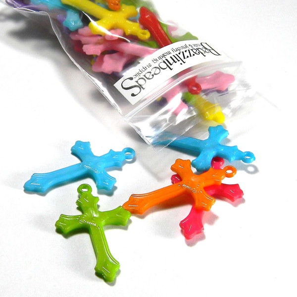 50 Big 1 1/2 inch Long Plastic Acrylic Cross Charm Pendants in a Mix of Bright Colors