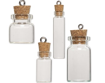 Clear Empty Glass Bottle Keepsake Jar Charm Pendant With Cork Lid & Silver Metal Loop Choose from 1 1/2, 7/8, 3/4 and 1 3/4 inch Bottles