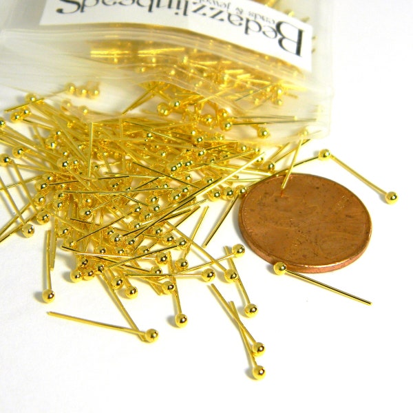 100 Yellow Gold Plated Brass 14mm Long 24 Gauge 0.51mm Headpins with 1.8mm Fancy Round Ball End Head Pin Jewelry Findings