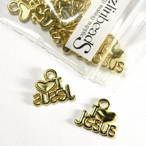 May include: Gold-colored metal charms with the words "I love Jesus" on them. The charms are in a clear plastic bag with a white label that says "Speedizip Supplies" and "Making it fun!"