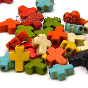 50 Assorted Color Magnesite Little 10mm Cross Stone Beads with 1.5mm Hole