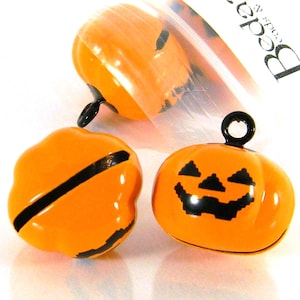 4 Orange and Black Jack O Lantern Halloween Pumpkin Jingle Bell Charms with Loop