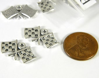 10 Antique Silver Plated Pewter 1/2 Inch x 7/8 inch Checkered Finish Line Racing Flag Jewelry Charms