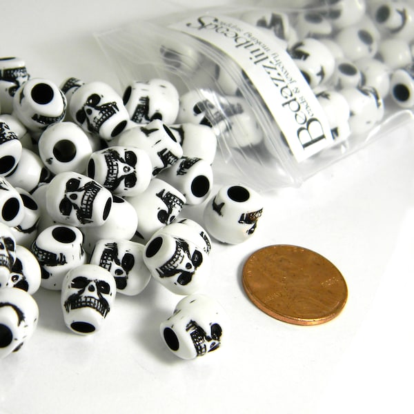 50 White & Black 10mm Plastic Acrylic Skeleton Skull Shaped Pony Craft Beads with Big 3.5mm Hole for Thick Cording or Chains