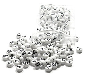 200pcs Random Acrylic Greek Alphabet Beads Coin Carved Opaque Name Spacers 7x4mm