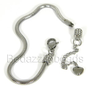 304 Grade Surgical Stainless Steel Silver European 3mm Snake Chain Add Beads Charm Bracelet with Screw off End & Adjustable Heart Extension