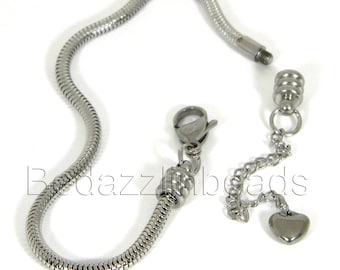304 Grade Surgical Stainless Steel Silver European 3mm Snake Chain Add Beads Charm Bracelet with Screw off End & Adjustable Heart Extension
