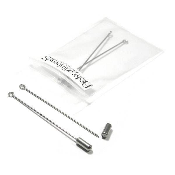 Set of 2 Surgical Stainless Steel 2 1/2 inch Hat Stick Pin Findings with Loop & Backs