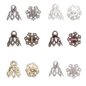 May include: Assortment of 10 metal bead caps in various finishes, including silver, gold, antique brass, and copper. Each cap features a decorative diamond-shaped design.