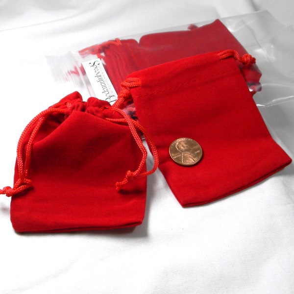 5 Soft Bright Red 3 1/2 x 2 3/4 inch Little Velvet Cloth Gift Bag Pouches w/ Drawstring to Cinch Closed for Jewelry, Favors & Small Presents