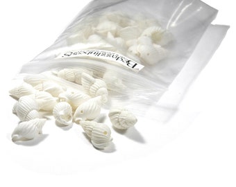 May include: A clear plastic bag filled with white seashells. The bag is open and the shells are spilling out. The bag has a label that says "Beadzillions".