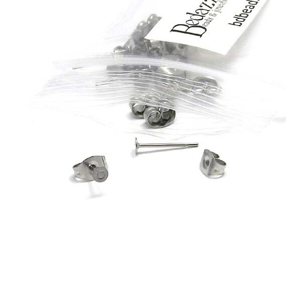 20 Silver Surgical Stainless Steel Flat Pad Stud Earring Findings with Backings