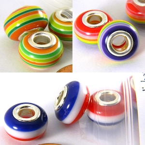 4 Big 14mm Striped Resin Bright Colored European Stripe Beads with a Large 4.7mm Silver Core Hole