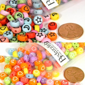 200 Assorted Bright Colored Plastic Acrylic 7mm x 4mm Flat Round Coin Beads with Engraved Flowers, Hearts, Moons, Stars