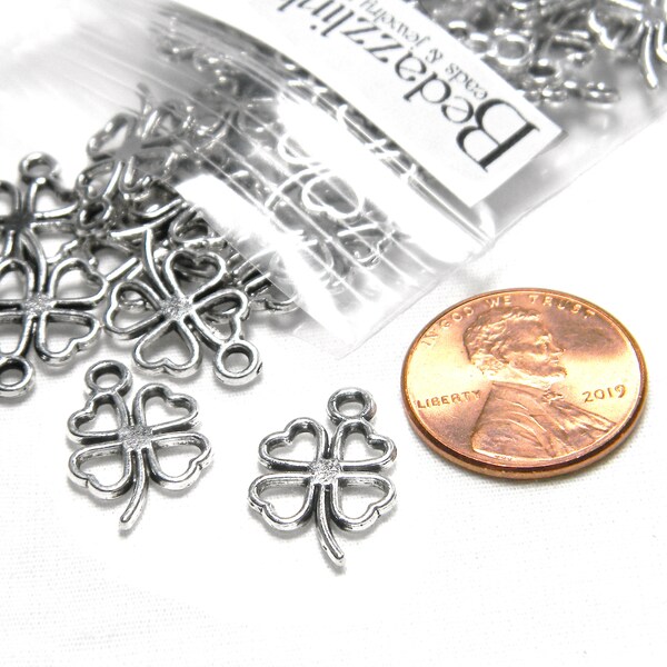 30 Antique Silver Plated Open 4 Leaf Clover Lucky St. Patrick's Day 5/8 inch Metal Pendant Charms with Four Hollow Leaves