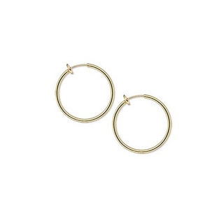 May include: A pair of gold-toned clip-on hoop earrings. The earrings are circular and have a smooth finish.