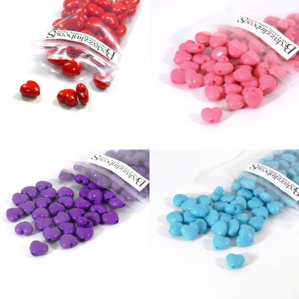 100 Bright Plastic Acrylic 10mm Heart Shaped Loose Craft Beads with 1.5mm Hole