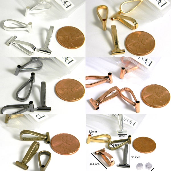 5 Horizontal Plated Brass Metal Brooch Converter Findings for Changing Brooches and Pins to Jewelry Pendants & Charms with Rubber Stoppers