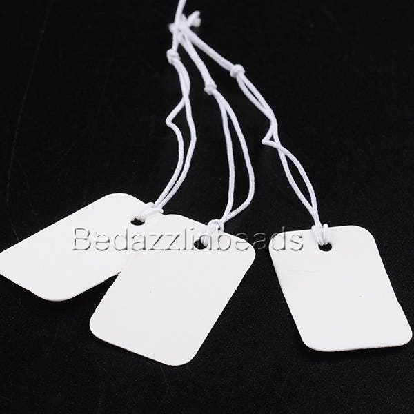 50 White 1 x 1/2 inch Cardboard Paper Jewelry Price Label Tags w/ Elastic String