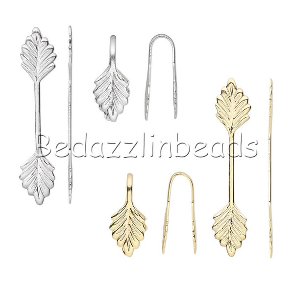 10 Plated Brass Metal Leaf Shaped 29mm Long Fold Over Glue On Jewelry Finding Bails To Make Pendants & Charms for Undrilled Items