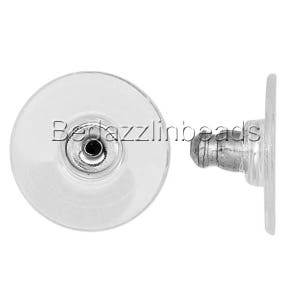 May include: A pair of clear plastic earring backs with a silver metal post. The earring backs are designed to be used with stud earrings.