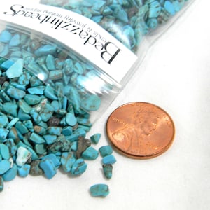 May include: A small plastic bag filled with turquoise chips, next to a US penny for scale. The bag has a label that reads "Beadz & Jewels" and "turquoise chips".