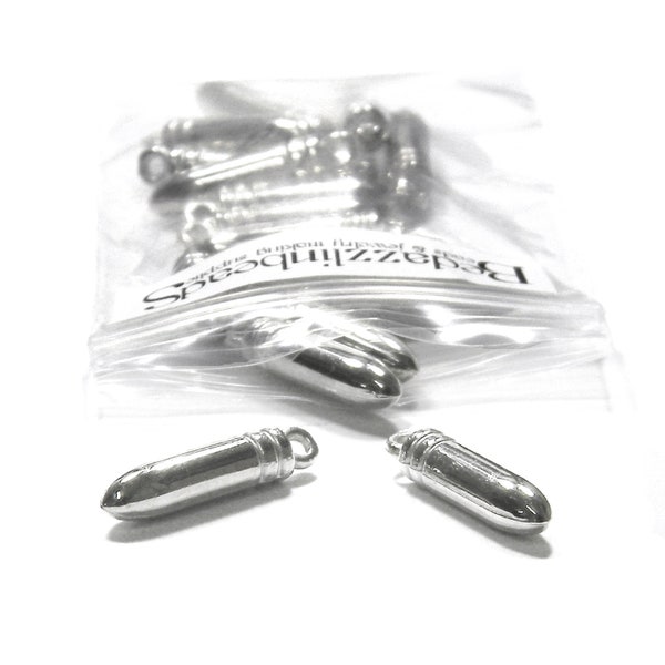 10 Plastic 1 inch Long Silver Bullet Ammo Charm Pendants With Loop For Hanging