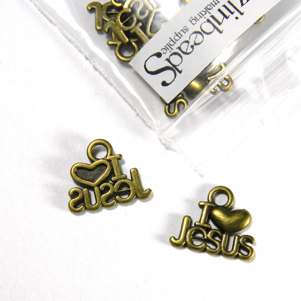10 Antique Bronze I Love Jesus Christian Charms w/ Heart Plated Pewter Base Metal