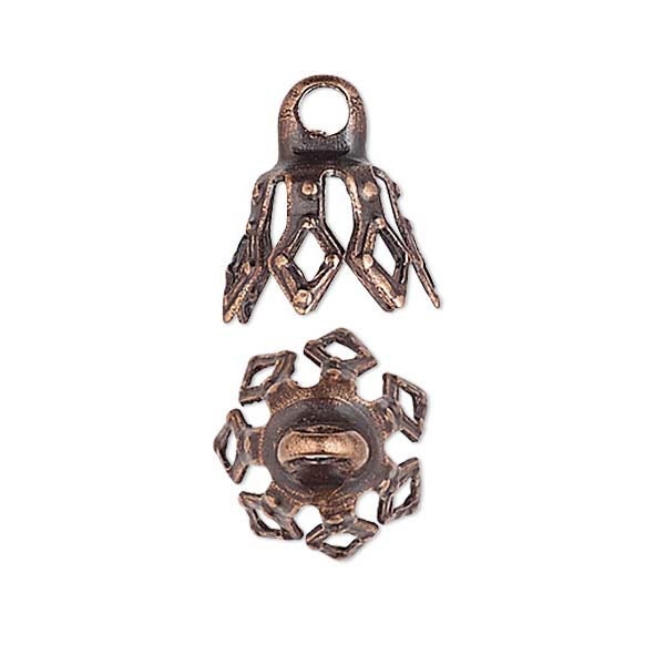 100 Antique Copper Plated Brass Bell Bead End Charm Caps with Loop & 7 Filigree Prong Legs