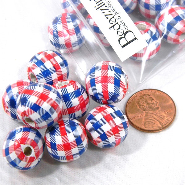 10 grosses perles en bois patriotiques américaines Vichy à carreaux rouges, blancs et bleus, 16 mm avec grand trou de 4 mm