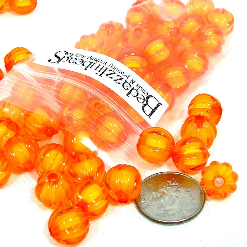 Translucent Orange Corrugated 10mm Round Ribbed Autumn Pumpkin Bead in a Bead Beads for Fall